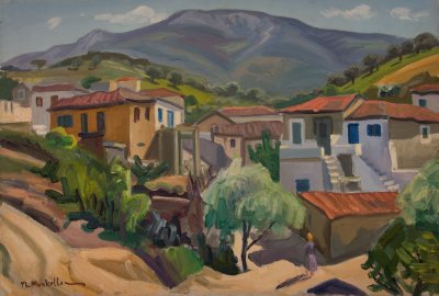 Ano Vathia, Evening with a Woman — Oil painting, Canvas, 50.00×73.00cm — Theodoros Markellos